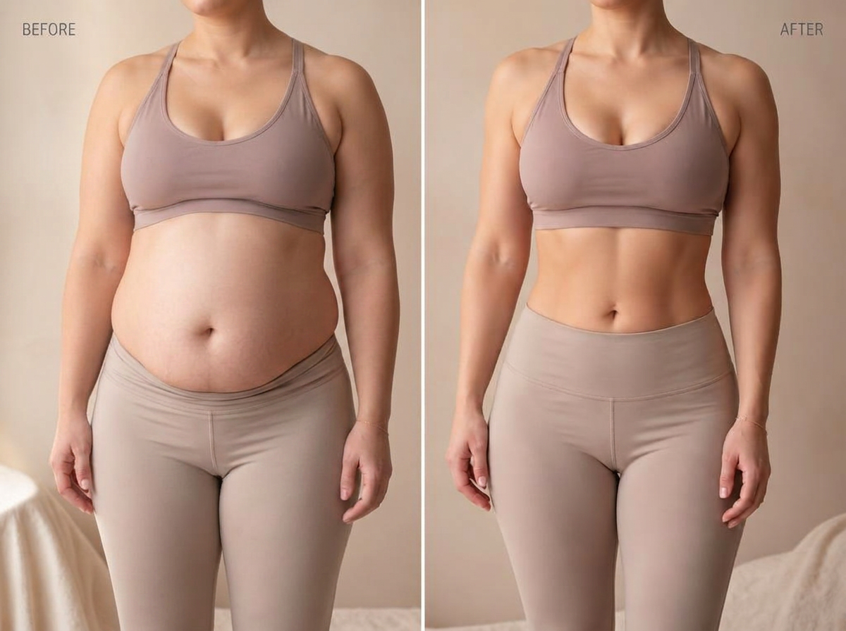 Before and after postpartum core recovery transformation — Jasmine T.