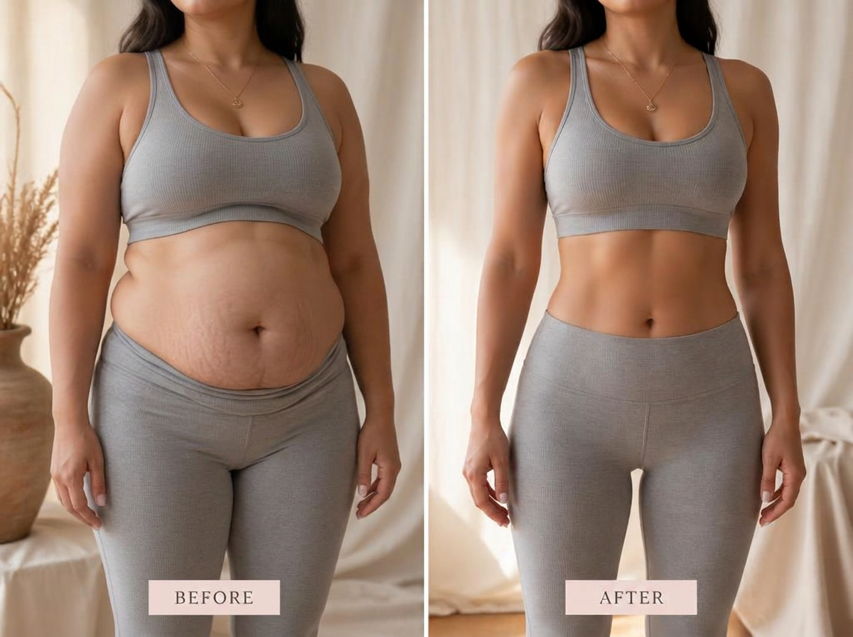 Before and after postpartum body transformation — Marisol R.